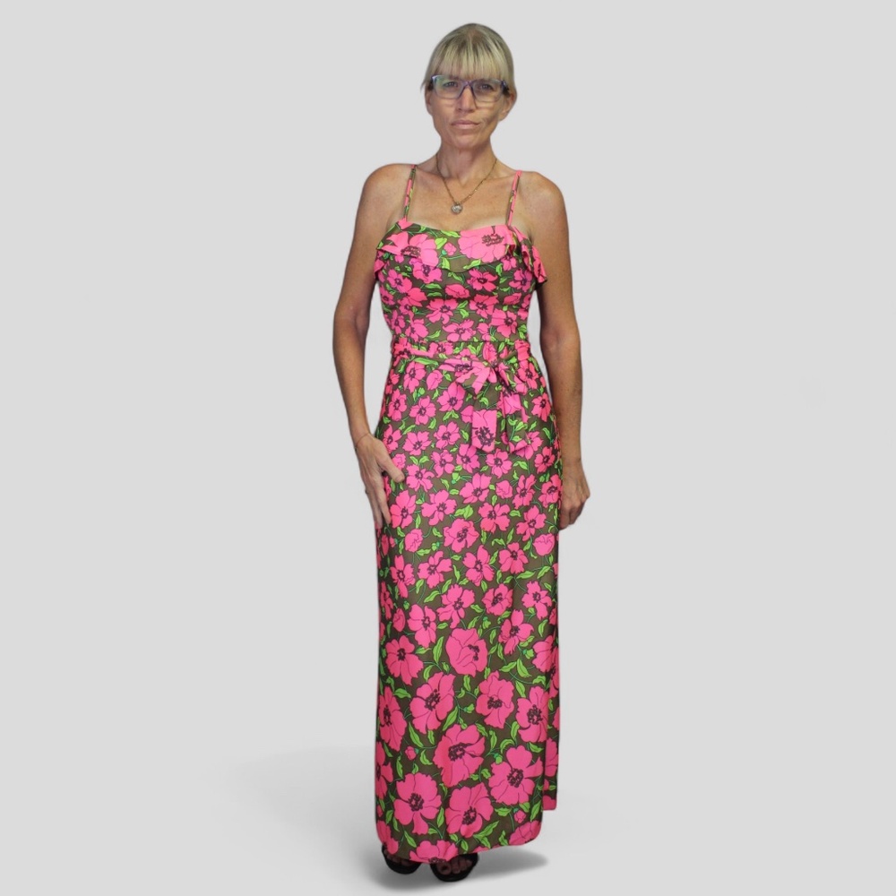 Super Pretty Vintage 70s Colorful Pink and Green Floral Print Catalina Maxi Dres